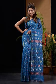 Sapphire Blue Silk Cotton Handwoven Jamdani Saree With Triple Tone Zari Designs And Motifs Without Blouse