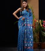Sapphire Blue Silk Cotton Handwoven Jamdani Saree With Triple Tone Zari Designs And Motifs Without Blouse