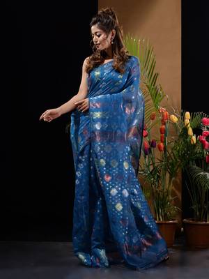 Sapphire Blue Silk Cotton Handwoven Jamdani Saree With Triple Tone Zari Designs And Motifs Without Blouse 2