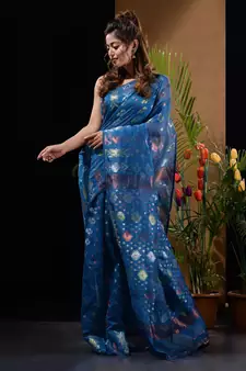 Sapphire Blue Silk Cotton Handwoven Jamdani Saree With Triple Tone Zari Designs And Motifs Without Blouse