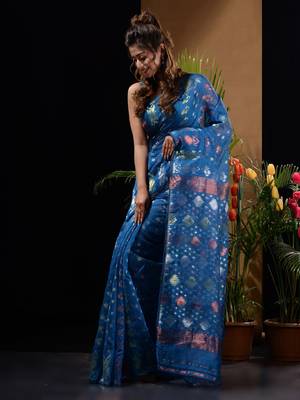Sapphire Blue Silk Cotton Handwoven Jamdani Saree With Triple Tone Zari Designs And Motifs Without Blouse 3