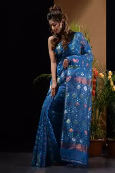 Sapphire Blue Silk Cotton Handwoven Jamdani Saree With Triple Tone Zari Designs And Motifs Without Blouse
