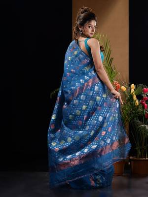 Sapphire Blue Silk Cotton Handwoven Jamdani Saree With Triple Tone Zari Designs And Motifs Without Blouse 4
