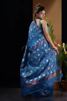Sapphire Blue Silk Cotton Handwoven Jamdani Saree With Triple Tone Zari Designs And Motifs Without Blouse