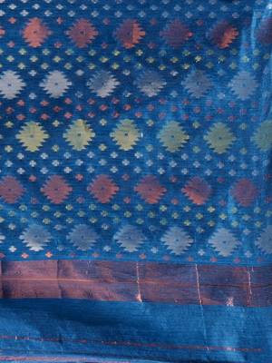 Sapphire Blue Silk Cotton Handwoven Jamdani Saree With Triple Tone Zari Designs And Motifs Without Blouse 5