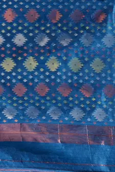Sapphire Blue Silk Cotton Handwoven Jamdani Saree With Triple Tone Zari Designs And Motifs Without Blouse