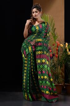 Green Silk Cotton Handwoven Jamdani Saree With Multicolour Designs And Motifs Without Blouse