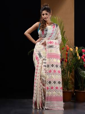 White Silk Cotton Handwoven Jamdani Saree With Zari Designs And Motifs Without Blouse 1