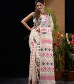 White Silk Cotton Handwoven Jamdani Saree With Zari Designs And Motifs Without Blouse