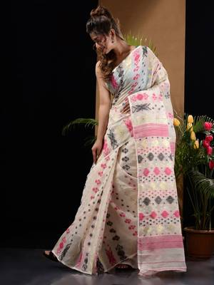 White Silk Cotton Handwoven Jamdani Saree With Zari Designs And Motifs Without Blouse 3