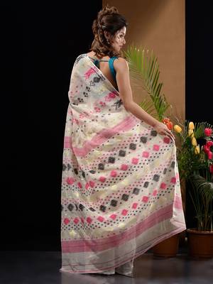 White Silk Cotton Handwoven Jamdani Saree With Zari Designs And Motifs Without Blouse 4