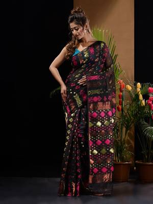 Black Silk Cotton Handwoven Jamdani Saree With Zari Designs And Motifs Without Blouse 1