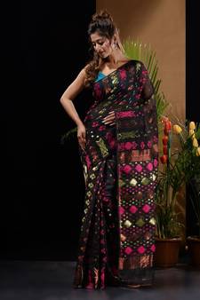 Black Silk Cotton Handwoven Jamdani Saree With Zari Designs And Motifs Without Blouse