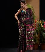 Black Silk Cotton Handwoven Jamdani Saree With Zari Designs And Motifs Without Blouse