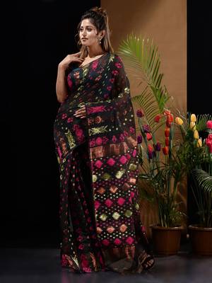 Black Silk Cotton Handwoven Jamdani Saree With Zari Designs And Motifs Without Blouse 2