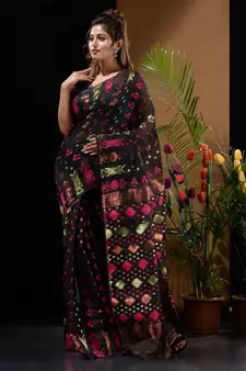 Black Silk Cotton Handwoven Jamdani Saree With Zari Designs And Motifs Without Blouse