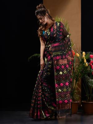 Black Silk Cotton Handwoven Jamdani Saree With Zari Designs And Motifs Without Blouse 3