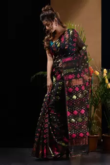 Black Silk Cotton Handwoven Jamdani Saree With Zari Designs And Motifs Without Blouse