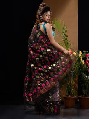 Black Silk Cotton Handwoven Jamdani Saree With Zari Designs And Motifs Without Blouse 4