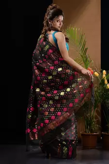 Black Silk Cotton Handwoven Jamdani Saree With Zari Designs And Motifs Without Blouse
