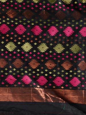 Black Silk Cotton Handwoven Jamdani Saree With Zari Designs And Motifs Without Blouse 5