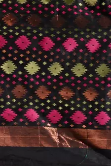 Black Silk Cotton Handwoven Jamdani Saree With Zari Designs And Motifs Without Blouse