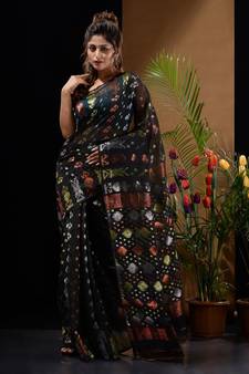 Black Silk Cotton Handwoven Jamdani Saree With Triple Tone Zari Designs And Motifs Without Blouse