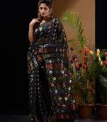 Black Silk Cotton Handwoven Jamdani Saree With Triple Tone Zari Designs And Motifs Without Blouse