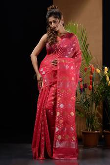 Punch Pink Silk Cotton Handwoven Jamdani Saree With Zari Designs And Motifs Without Blouse