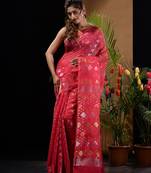 Punch Pink Silk Cotton Handwoven Jamdani Saree With Zari Designs And Motifs Without Blouse