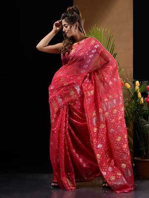 Punch Pink Silk Cotton Handwoven Jamdani Saree With Zari Designs And Motifs Without Blouse 2