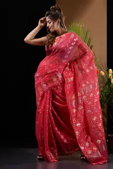 Punch Pink Silk Cotton Handwoven Jamdani Saree With Zari Designs And Motifs Without Blouse
