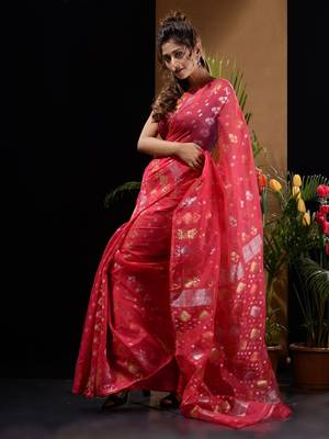 Punch Pink Silk Cotton Handwoven Jamdani Saree With Zari Designs And Motifs Without Blouse 3
