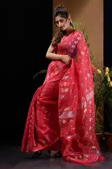 Punch Pink Silk Cotton Handwoven Jamdani Saree With Zari Designs And Motifs Without Blouse