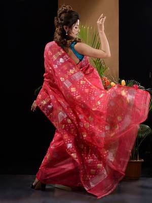 Punch Pink Silk Cotton Handwoven Jamdani Saree With Zari Designs And Motifs Without Blouse 4