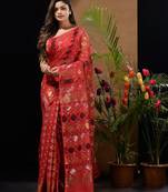Red Silk Cotton Handwoven Jamdani Saree With Zari Designs And Motifs