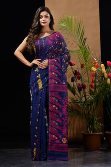 Midnight Blue Silk Cotton Handwoven Jamdani Saree With Multicolour Floral Designs And Motifs Without Blouse