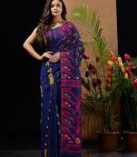 Midnight Blue Silk Cotton Handwoven Jamdani Saree With Multicolour Floral Designs And Motifs Without Blouse