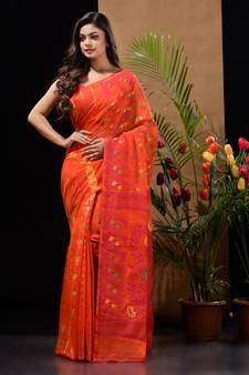 Orange Silk Cotton Handwoven Jamdani Saree With Multicolour Floral Designs And Motifs Without Blouse