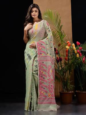 Pistachio Green Silk Cotton Handwoven Jamdani Saree With Multicolour Floral Designs And Motifs Without Blouse 1