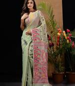 Pistachio Green Silk Cotton Handwoven Jamdani Saree With Multicolour Floral Designs And Motifs Without Blouse