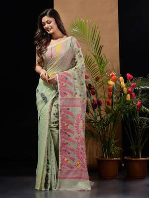 Pistachio Green Silk Cotton Handwoven Jamdani Saree With Multicolour Floral Designs And Motifs Without Blouse 2