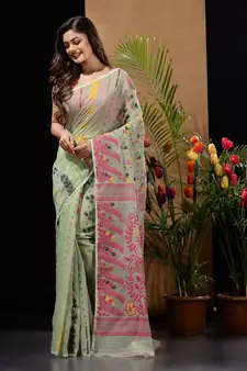 Pistachio Green Silk Cotton Handwoven Jamdani Saree With Multicolour Floral Designs And Motifs Without Blouse
