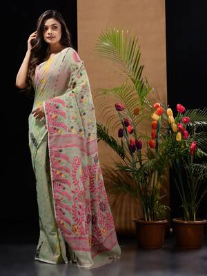 Pistachio Green Silk Cotton Handwoven Jamdani Saree With Multicolour Floral Designs And Motifs Without Blouse 3