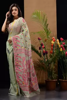 Pistachio Green Silk Cotton Handwoven Jamdani Saree With Multicolour Floral Designs And Motifs Without Blouse
