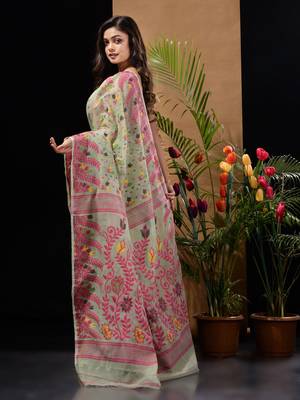 Pistachio Green Silk Cotton Handwoven Jamdani Saree With Multicolour Floral Designs And Motifs Without Blouse 4