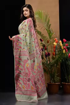 Pistachio Green Silk Cotton Handwoven Jamdani Saree With Multicolour Floral Designs And Motifs Without Blouse