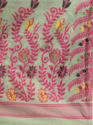 Pistachio Green Silk Cotton Handwoven Jamdani Saree With Multicolour Floral Designs And Motifs Without Blouse 5