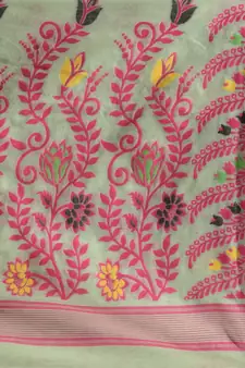 Pistachio Green Silk Cotton Handwoven Jamdani Saree With Multicolour Floral Designs And Motifs Without Blouse