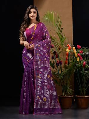 Violet Silk Cotton Handwoven Jamdani Saree With Multicolour Floral Designs And Motifs Without Blouse 1